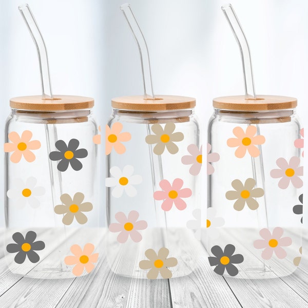 Retro flowers - 16oz Glass Can svg, Libbey Glass Can Wrap, svg Files for Cricut & Silhouette Cameo, Glassware svg