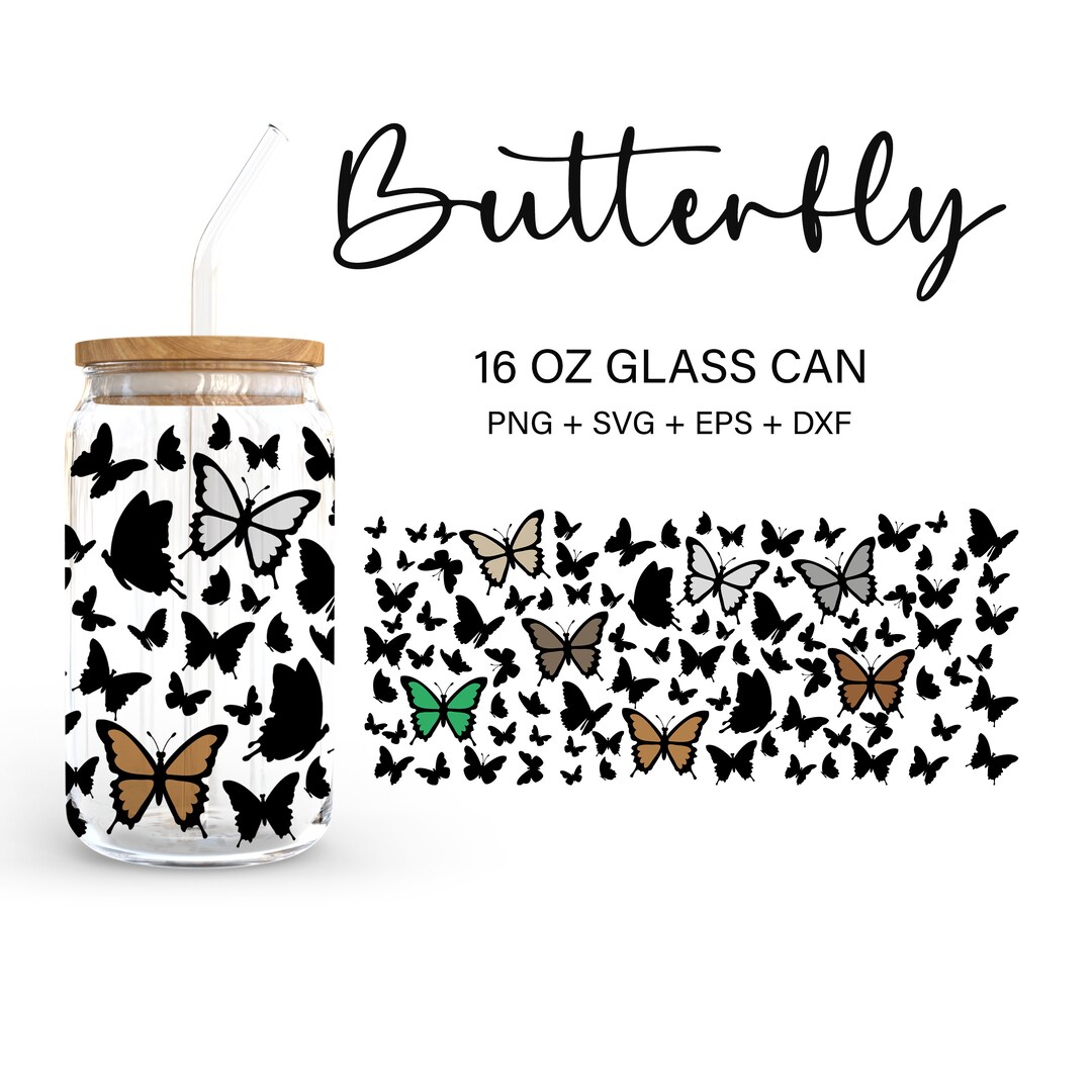 Color Butterfly 16oz Glass Can Svg, Libbey Glass Can Wrap, Svg Files ...