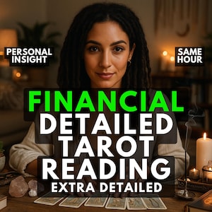 May include: A person with dark dreadlocks sits behind a wooden table with tarot cards, crystals, and a lit candle. Text overlays read: PERSONAL INSIGHT, SAME HOUR, FINANCIAL, DETAILED TAROT READING, and EXTRA DETAILED in white and green lettering.