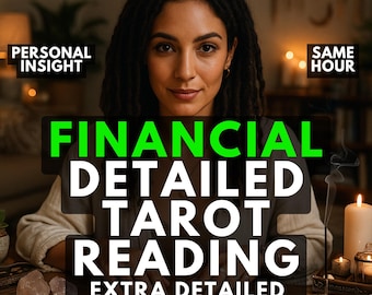 May include: A person with dark dreadlocks sits behind a wooden table with tarot cards, crystals, and a lit candle. Text overlays read: PERSONAL INSIGHT, SAME HOUR, FINANCIAL, DETAILED TAROT READING, and EXTRA DETAILED in white and green lettering.
