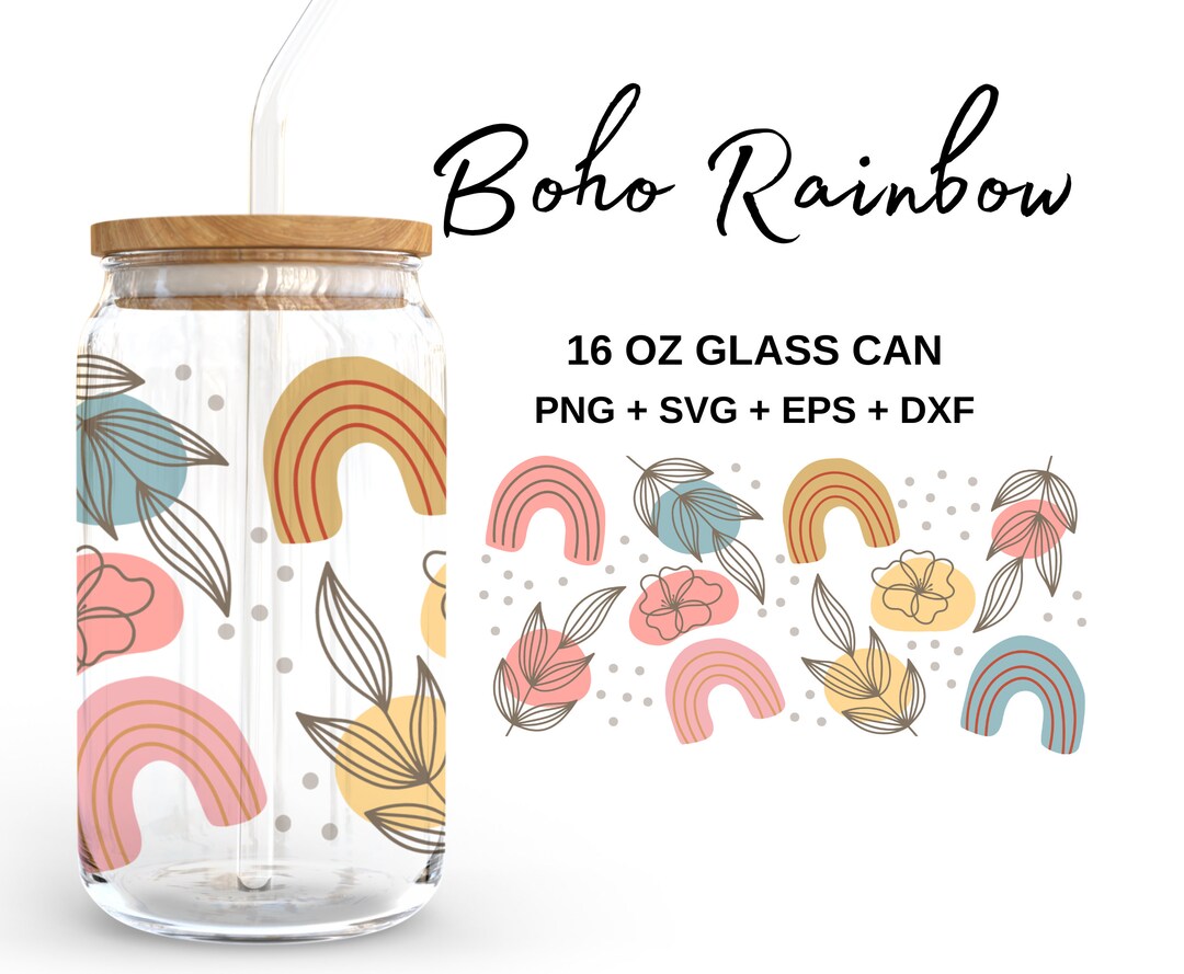 Boho Rainbow 16oz Glass Can Svg, Libbey Glass Can Wrap, Svg Files for ...