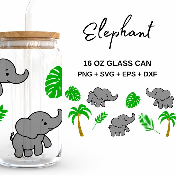 Elephant - 16oz Glass Can svg, Libbey Glass Can Wrap, svg Files for Cricut & Silhouette Cameo, Glassware svg