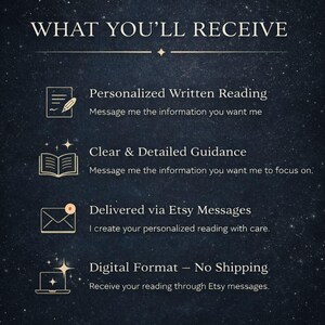 Puede incluir: Gr&aacute;fico azul oscuro con texto blanco que dice "LO QUE RECIBIR&Aacute;S". Enumera "Lectura escrita personalizada", "Orientaci&oacute;n clara y detallada", "Entregado a trav&eacute;s de mensajes de Etsy" y "Formato digital - Sin env&iacute;o".