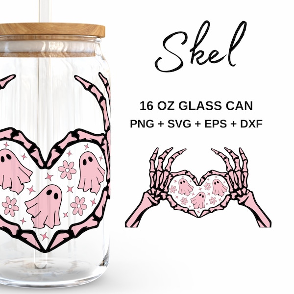 skeleton hands making heart  - 16oz Glass Can svg, Libbey Glass Can Wrap, svg Files for Cricut & Silhouette Cameo, Glassware svg