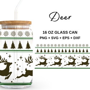 Christmas Deer - 16oz Glass Can svg, Libbey Glass Can Wrap, svg Files for Cricut & Silhouette Cameo, Glassware svg