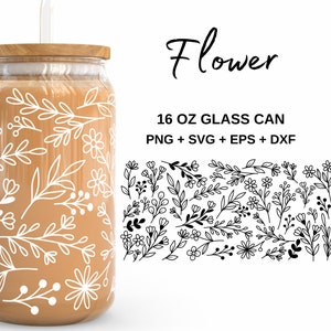 White wildflowers - 16oz Glass Can svg, Libbey Glass Can Wrap, svg Files for Cricut & Silhouette Cameo, Glassware svg