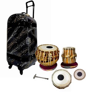 Concert Tabla Drum Set, 5.5 Kg Lacquer Polish Copper Bayan and Neem Wood Right with Hammer, Cushions, Trolley Hard Case and Extra Skin