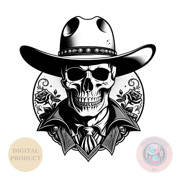 Cowboy Skull svg, Western Skull Cowboy png, Cowboy Skeleton svg, Skull with Cowboy Hat svg, Skull with Rose png, Black and White Skull svg