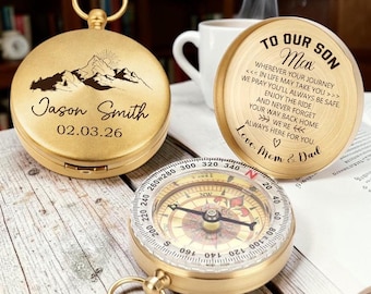 Personalized Brass Pocket Compass, Engraved Graduation Keepsake Gift Son