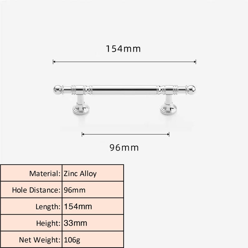 May include: A shiny silver cabinet pull made from zinc alloy. The pull measures 15.4cm in length and has a hole distance of 9.6cm. It stands 3.3cm high and weighs 106g. Ideal for furniture fittings.