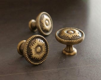 Cabinet Knobs Solid Brushed Brass Round  – 30mm Smooth Antique Drawer Pull – Heavy Luxury Gold Knob for Dresser Kitchen Furniture
