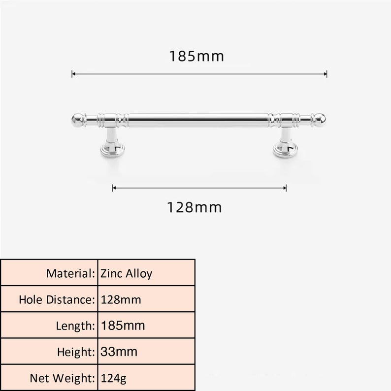 May include: A silver cabinet pull with a bar design, 18.5cm long, with a 12.8cm hole distance. The pull has decorative end pieces and is made of zinc alloy. The height is 3.3cm, and the net weight is 124g.