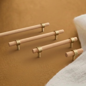 Elegant Beech Wood Drawer Pull with Solid Brass, Cabinet Handles T bar 96 128 160 224 320 mm