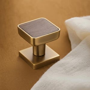 May include: Square brass cabinet knob with a dark wood inlay. The knob has a square base and a cylindrical stem. The top of the knob is a square with rounded corners. The background is a warm brown colour.