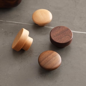 Natural Solid Wood Cabinet Drawer Handles – Round Design Pulls for Cupboard Wardrobe Walnut / Beech
