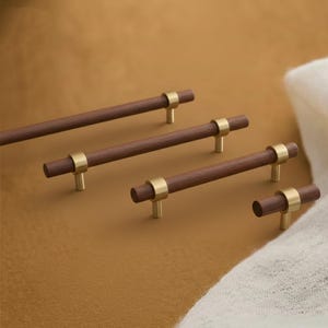 Elegante tirador de cajón de madera de nogal con latón macizo, tiradores de gabinete, barra en T 96 128 160 224 mm