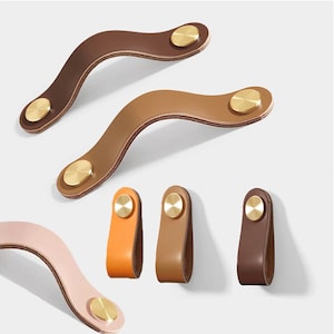 Genuine Leather and Solid Brass Cabinet Knobs Pull Handles for Cabinets Wardrobes for case DIY 96mm 128mm