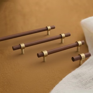 Elegant Walnut Wood Drawer Pull with Solid Brass, Cabinet Handles T bar 96 128 160 224 mm