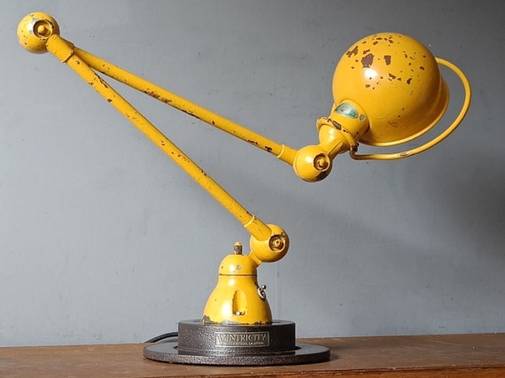 Renovated Yellow Vintage Jieldé Tablelamp with 2 arms. Vintage Industrial Midcentury