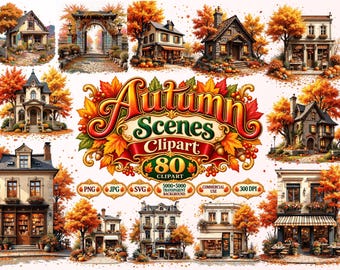Autumn Scenes Clipart Bundle, 80 PNG Fall Cottage Cafe Street Illustrations, Cozy Autumn Town Clipart, Commercial Use Download