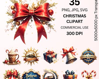 35 png-kerstclipart, kersttreinbundel, kersttrein-clipart, vakantiemok png, Polar Express-kunstset, 300 dpi transparant