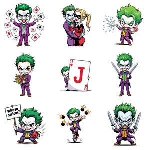 nine distinct illustrations of a joker character, each depicting a different action or pose.