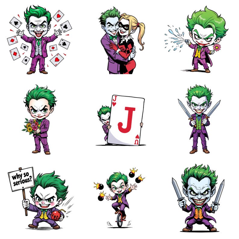 nine distinct illustrations of a joker character, each depicting a different action or pose.