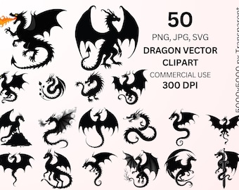 Dragon Silhouette Clipart Bundle PNG 50 SVG Vector Black Dragon Transparent Cricut Fantasy Commercial Use Instant Download