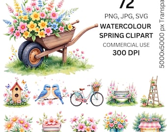 Bundle de cliparts aquarelle printemps, brouette de jardin floral PNG SVG, fleurs de printemps, art de jardin Cottagecore, usage Commercial