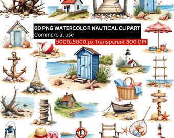 Nautical PNG Clipart Set | Watercolor Coastal Elements | Beach Hut Lighthouse Rope Anchor Seashell Illustrations