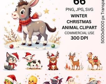 Winter Weihnachten Tier Clipart PNG JPG SVG Bundle, Urlaub Tier Clipart, Festliche Wintertiere, Kinder Kinderzimmer Kunst, 300DPI, kommerzielle Nutzung