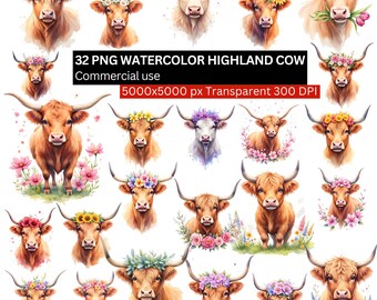 32 Watercolor Highland Cow PNG Bundle, Rustic Farmhouse Floral Clipart, 5000px Transparent Country Animals Sublimation Download