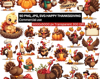 Happy Thanksgiving Clipart, Truthahn PNG-Bundle, süße Herbst Truthahn Jpgs, Herbsternte PNG, Herbst Aufkleber PNG, Sublimationsdesigns, Truthahn Schmuck