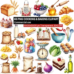 May include: A selection of watercolour illustrations depicting cooking and baking items. Includes bread, an apron with text, bowls of fruit, honey, croissants, cupcakes, and ingredients. Text reads "65 PNG COOKING & BAKING CLIPART".