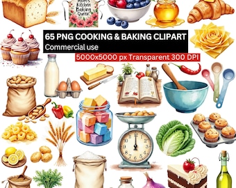 Aquarelle cuisine & pâtisserie Clipart, lot de cliparts pâtisserie, ensemble de PNG de cuisine, ingrédients alimentaires PNG, fond transparent