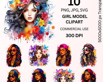 10 PNG Designs Female Illustration, Watercolor Floral Hair Woman, Trendy Fashion Girl PNG, T-shirt, Mug, Tumbler, Pillow Sublimation design