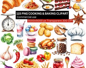 115 PNG Cooking and Baking Clipart, Food Kitchen PNG Bundle, Cooking Baking Bundle, Fruits, Vegetables, Cakes, Transparent 300DPI