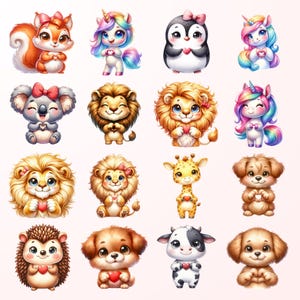 a collection of 16 cute and whimsical animal characters, including a squirrel, unicorn, penguin, lion, koala, unicorn, giraffe, dog, hedgehog, cow, and pig.