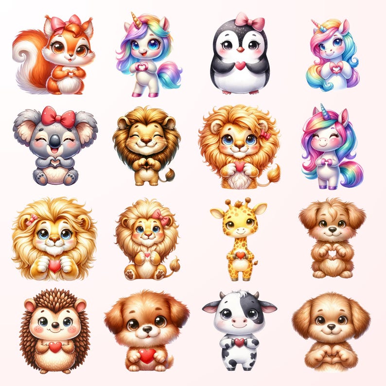 a collection of 16 cute and whimsical animal characters, including a squirrel, unicorn, penguin, lion, koala, unicorn, giraffe, dog, hedgehog, cow, and pig.