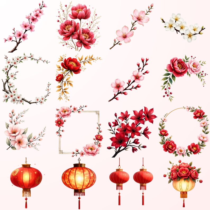 various floral and decorative elements, including cherry blossoms, red flowers, lanterns, and frames. The arrangement showcases a diverse range of colors and designs, creating a visually appealing and harmonious composition.