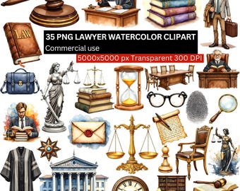 May include: Watercolor clipart set featuring various legal and law-related illustrations. Includes a gavel, judge, books, scales of justice, a courthouse, and other related items. The text "35 PNG LAWYER WATERCOLOR CLIPART" is visible.