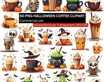 May include: A collection of 60 PNG Halloween coffee clipart images. The illustrations feature various coffee drinks with spooky themes, including ghosts, skeletons, pumpkins, and witch hats. The text reads "60 PNG Halloween Coffee Clipart Commercial use".