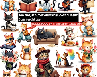 Whimsical Cats Clipart, Cute Cat PNG Bundle, Cartoon Kitty SVG, Funny Cat Illustrations, Cat Lover Clipart, Digital Cat PNGs, 300 DPI