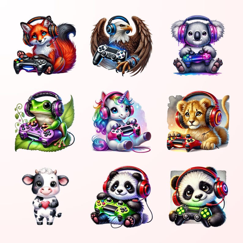 nine colorful and whimsical illustrations of animals and cartoon-like characters wearing headphones and holding game controllers, suggesting a playful and imaginative scene.
