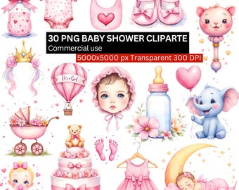 Baby Shower Clipart Bundle, 30 PNG Baby Girl Illustrations, Pink Baby Shower Decor PNG, Cute Baby Sublimation, Digital Download