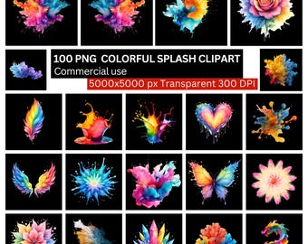 May include: A collection of 100 PNG colorful splash clipart images on a black background. The images include colorful paint splashes, a rose, a feather, wings, a butterfly, and other abstract designs. The text in the image says "100 PNG COLORFUL SPLASH CLIPART Commercial use 5000x5000 px Transparent 300 DPI".
