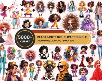 Black Girl Clipart Mega Bundle 5000+ PNG JPG SVG, Cute Girl, Afro Girl Clipart, Diverse Women Graphics, Fashion Girls Clipart Commercial Use