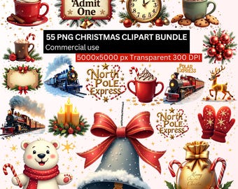 55 PNG Polar Express Christmas Clipart, North Pole Train Bundle, 5000x5000px 300DPI Transparent