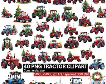 Bundle de cliparts de tracteur de Noël, 40 PNG père Noël tracteur, vacances ferme des cliparts, sublimation festive PNG, 300 DPI téléchargement Transparent