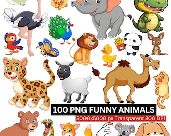 Clipart di simpatici animali, 100 immagini PNG di animali in stile cartone animato, pacchetto di cuccioli di animali, decorazioni murali e adesivi per la cameretta, download digitale trasparente immediato